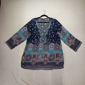 Women's Sheer Boho Top Sz 2X Swimsuit Coverup Dress Tunic Beaded Colorful 70s